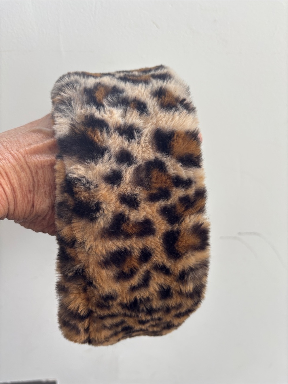 Calvin Klein faux fur headband, tan/black animal print, 3” wide,elastic back, OS
